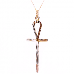 9ct red gold Glastonbury Ankh Egyptian cross Pendant with a hand-engraved sunburst pattern 45mm x15mm with rose gold chain.