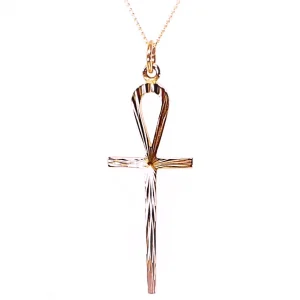 9ct red gold Glastonbury Ankh Egyptian cross Pendant with a hand-engraved sunburst pattern 45mm x15mm with rose gold chain.