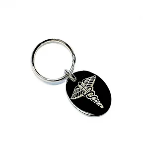 Oval medical alert key ring fob in real silver.