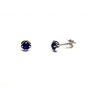 18ct white gold round royal blue sapphires in a flowering bud design stud earring ESA00506.