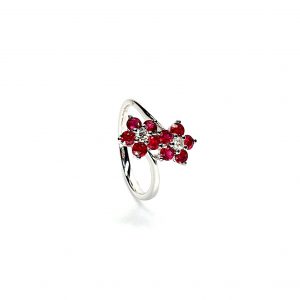 Ruby Double Cluster Ring with claw settings crafted in 18ct white gold featuring two clusters of five round bright red rubies with a single diamond centre to each cluster