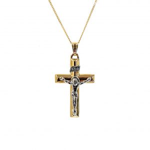 Tuebrook 9ct Yellow & White Gold Crucifix Necklace - A captivating necklace showcasing a yellow gold cross with intricate white gold Jesus and INRI detailing. The back is plain polished gold representing faith and elegance.