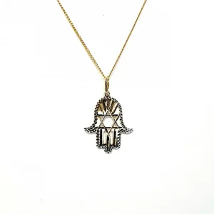 This Hamsa Pendant/necklace incorporates a cut-out design of a Star of David of filigree style with a diamond cut pattern for extra sparkle.