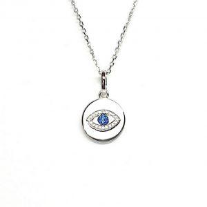 A round disc silver evil eye necklace/pendant made in real sterling silver with sparkling blue & white cubic zirconia with a highly polished finish.