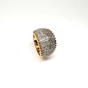 Bombay ring with Seventy round diamonds In a rhodium Pave setting, the total diamond weight is approx. one carat with 7.8 grams of 18ct yellow gold width at the top widest part is 13.6mm tapering to 3.6mm at the back