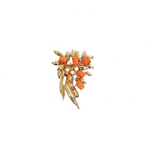The Dhon bouquet & leaf 9ct gold Pink coral & white pearl brooch BRQ00025 with white background.