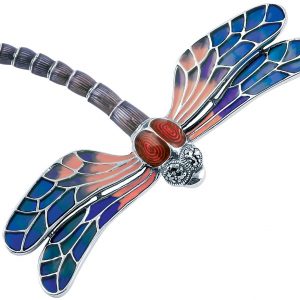 Sterling Silver Blue Dragonfly Brooch with plique-à-jour enamel and marcasite eyes, shown front-on against white background.