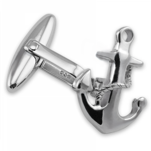 Close-up of sterling silver anchor cufflinks, showcasing intricate craftsmanship and maritime-inspired detailing. Presented in a luxury gift box for a refined touch.