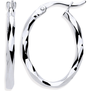 9ct white gold oval loop earrings with a faceted diamond cut pattern 22mm x 16mm.