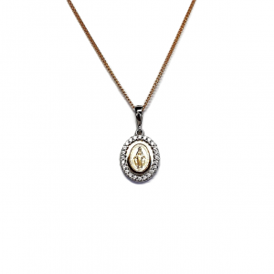 Hallmarked 9-carat yellow & white gold oval Miraculous Madonna necklace with a cubic zirconia border PC00556.