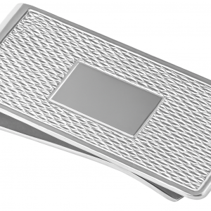 Sterling Silver Barling Barley Money Clip on white background, showing engine-turned pattern and engraving cartouche, hallmarked and polished for refined presentation.